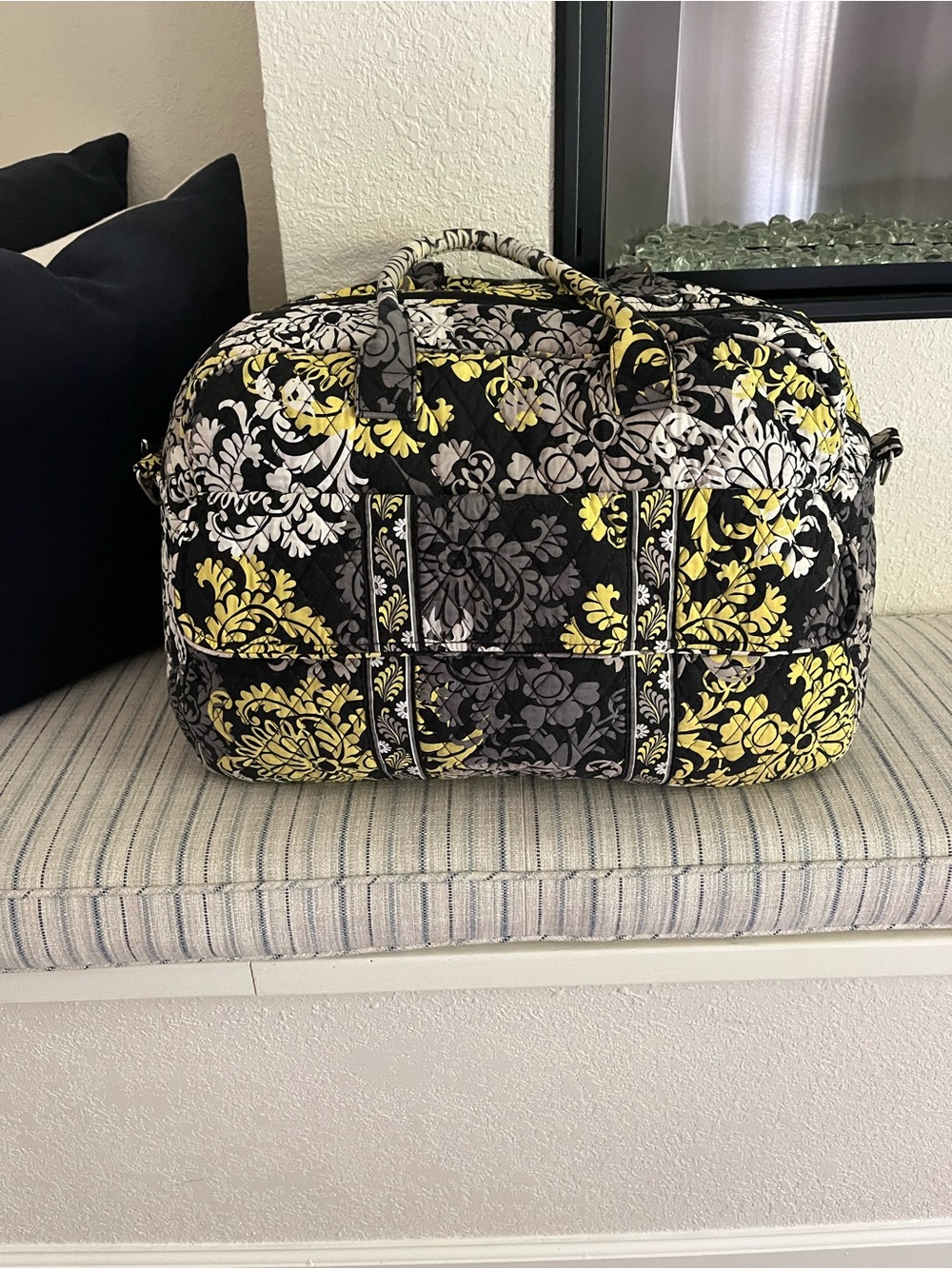 Vera Bradley Black Gray Yellow Floral Quilted Travel Duffel
